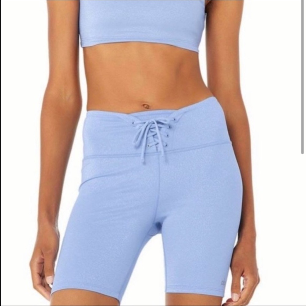 Alo Lace Up Shimmer Baby Blue Bike Short Leggings